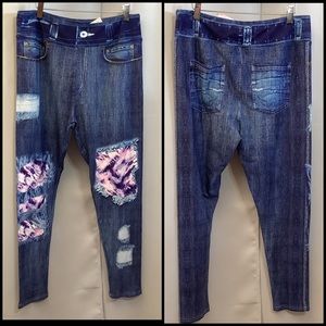 Luv21 Jeggings Women’s 12-20 Yoga Waistband Distressed Denim Horizon Pattern